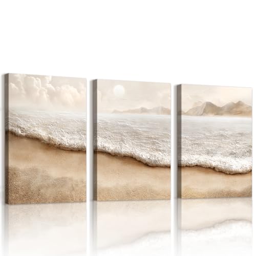 WENGTIAO 3 Piezas Boho Costeros y Playas Cuadros Enmarcados, Minimalista Abstracto Olas Junto al Mar Pintura sobre Lienzo Cuadros Decoracion Salon Modernos Dormitorios Decoracion Pared 30x40cmx3