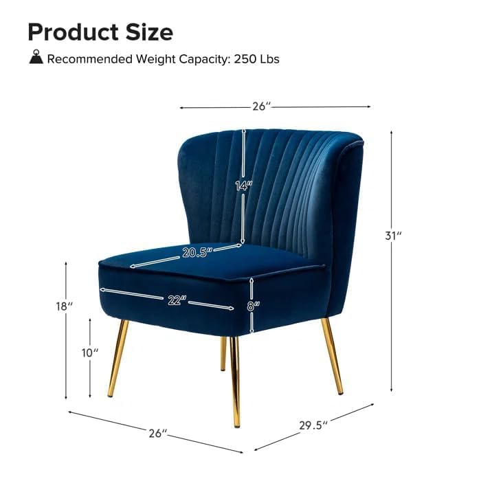 Image of Modern Upholstered Accent Velvet Chair Single Seater Channel Tufted Wing Back Chair with Golden Matel Legs for Living Room, Bedroom, Dining Room, Navy Blue