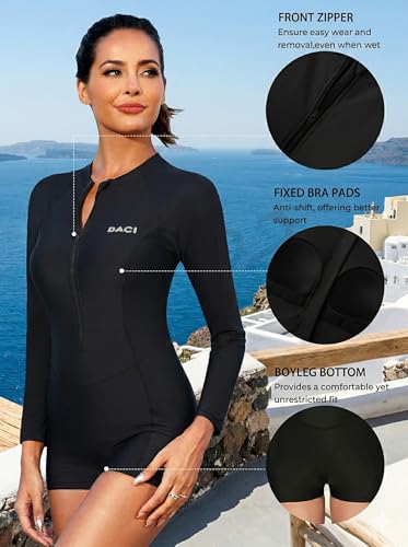 Daci Women Long Sleeve Rash Guard One Piece Boyleg Swimsuit Zipper Surfing Bathing Suit UPF 50+ Black M