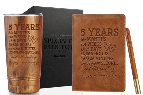 Onebttl 5 Year 5th Anniversary Wood Gift, Set of 3, 20oz Travel Tumbler & Notebook & Pen, Perfect for Husband & Wife