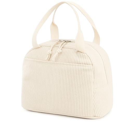 ZQSFPK Lunch Bag for Women, Insulated Corduroy Pack Lunch Bag, Large Capacity Thermal Lunch Tote for Work, School & Picnics, Cute Cooler Bag (Beige)
