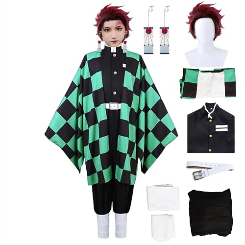 Buyoem Tanjiro Cosplay Costumes Adult Anime Kimono Halloween Cosplay Cloak Kimono Outfit With Earring (green wig Child 140)