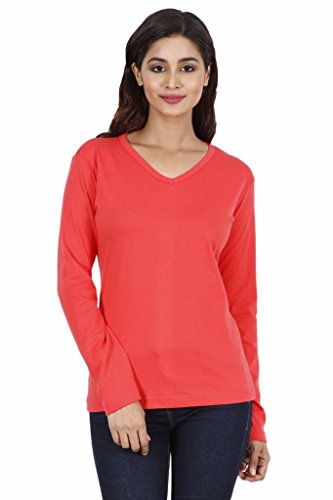 Image of FLEXIMAA Women's Cotton Plain V Neck Full Sleeve T-Shirt