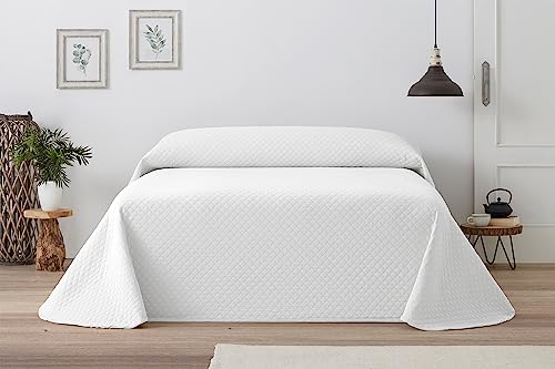 Vipalia Colcha Bouti Pique Verano. Colcha Cama 135 Primavera y Entretiempo. Colchas Cubre Cama Fina Matrimonio Reversible. Ligero Acolchado Rombos Silver. Cama 135 235x260 cm. Color Blanco - Marfil