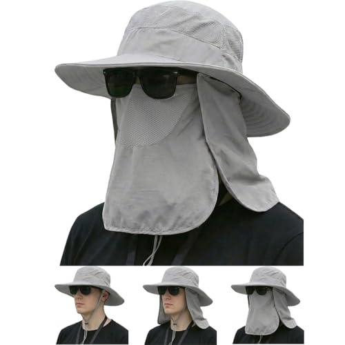 Image of Sun Hat Bucket Hats for Men Women,Outdoor Wide Brim Fishing Hat with Detachable Face Cover & Neck Flap UV Protection