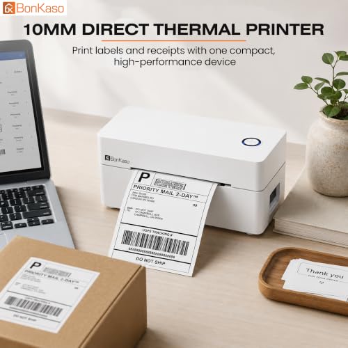 Image of BonKaso BKT01 Thermal Label Printer 203DPI Direct Thermal Shipping Bill Printer 160mm /s High Speed USB Bluetooth WiFi Compatible for Barcode Label Receipt Tag Paper Small Business White