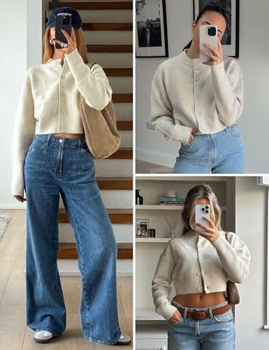 Image of Wyeysyt Womens Knitted Crop Cardigan Button Down Long Sleeve Sweater Top Open Front Cropped Knit Tops(Beige-M)