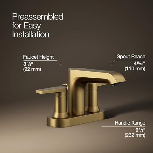 KOHLER K-37894-4-2MB Hint® Centerset Bathroom Sink Faucet, Bathroom Faucets for Sink 3-Hole, 1.2 GPM, Vibrant Brushed Moderne Brass thumbnail 2