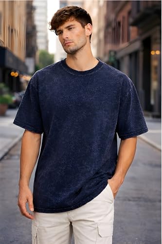 Image of Amazon Brand - Anarva Men's Oversized Acid Wash T-Shirt | Premium Cotton Relaxed Fit | Drop Shoulder Half Sleeve Casual Streetwear Tee for Men