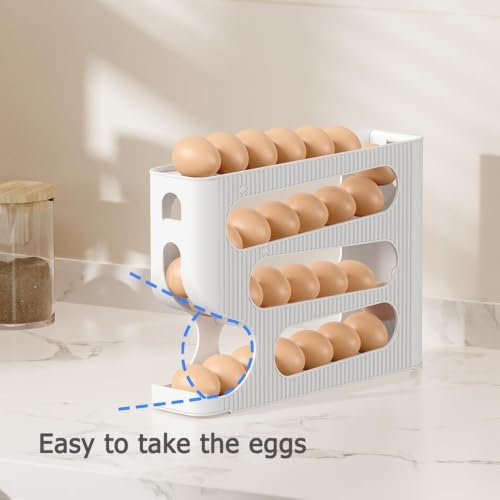 Image of 4-Tier Automatic Rolling Egg Dispenser for Refrigerator - Space-Saving Plastic Egg Holder, Holds Up to 30 Eggs, Roll-Down Design (WHITE NEW)