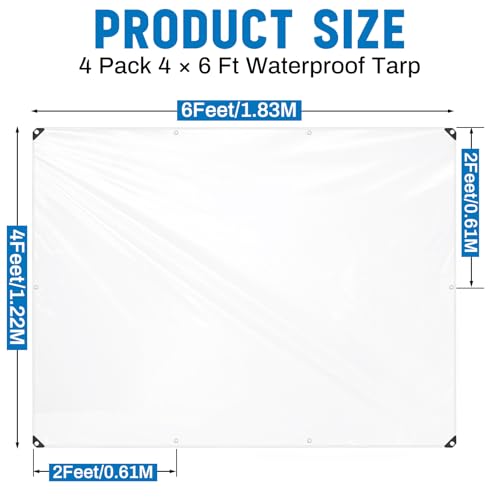 Image of 4 Pack 4 x 6 ft Transparent Tarp Clear Waterproof Weatherproofing Tarp with Grommets Green House Cover 8mil Plant Cover Shed Cloth with Rope for Greenhouse Henhouse Porch (Clear)