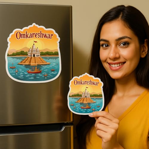 Image of Naxon Omkareshwar Temple Theme Souvenir Wooden Refrigerator Stylish Fridge Magnet - Travel Collectible Gift | Fridge Decoration Magnet for Kitchen & Home Decor | Size 3x3 Inches | Pack of 1