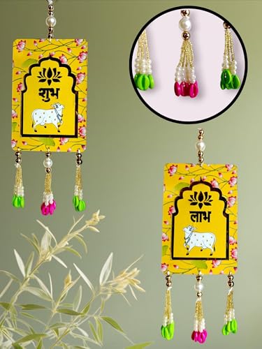 Image of Handcrafted Decorative Wall Decor for Ganpati Diwali Navratri and Pooja Setup Ethentic Hanging for Home Decor Festival Decoration for Home Entrance and Mandir Temple Decor (SUBH LABH Cow)