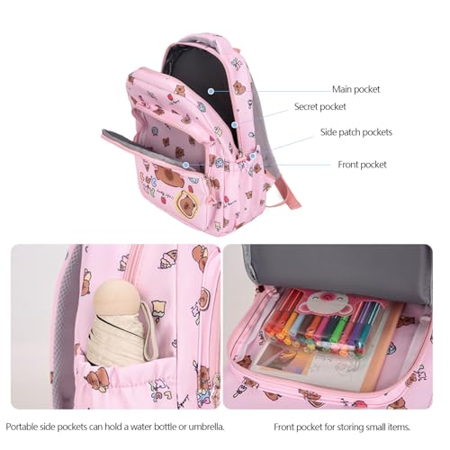 Capybara Backpack Cute Kawaii Backpack 3PCS Set, with Lunch Bag and Pencil Case, Mochila De Capybara (Pink)3