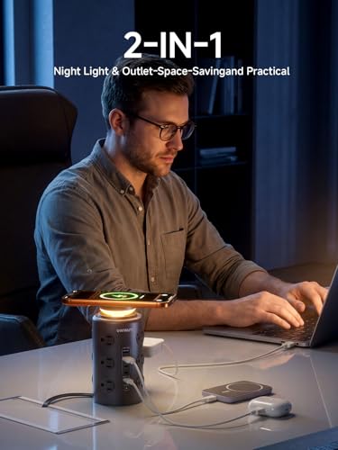 Image of Tower Power Strip Surge Protector with Wireless Charging & Night Light - PD20W Fast Charging Station,12 Outlets, 5 USB (3 USB-C),1800J Protection, 6FT Extension Cord, Home Office Essentials (Black)