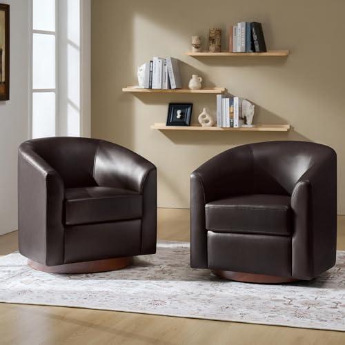 Image of HULALA HOME Faux Leather Swivel Accent Chairs Set of 2 with Solid Wood Base, Round Swivel Barrel Chairs for Living Room and Bedroom, No Assembly Required, Brown