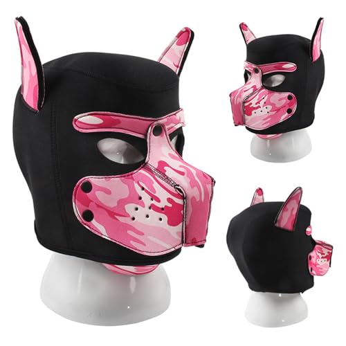 HBSFBH Hundemaske aus Leder, weiche Hundemaske mit Ohren, Ch-ien-Maske, verstellbar, aus Material, Halloween-Maske, mit Kapuze, Cosplay, für Urlaubsparty (Rosa)