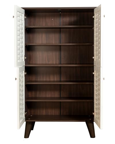 Image of DeckUp Plank Bei 4-Door Engineered Wood Shoe Rack with Wooden Legs (Walnut and White, Matte Finish)