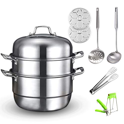Premium Heavy Duty Stainless Steel Steamer Pot Set，Steamer Cookware PotSaucepot Multi-layer Boiler with Tempered Glass Lid Work with Gas Electric Induction Oven Grill Stove Top Dishwasher Safe