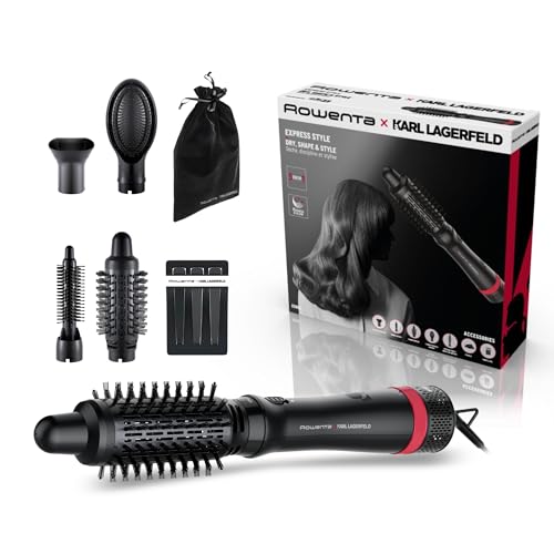 Rowenta x Karl Lagerfeld CF635L Express Style Warmluftbürste | 5-in-1 Stylingbürste | Keratin & Glow-Beschichtung | konstante 60°C | alle Haartypen | umfangreiches Zubehör | Schwarz