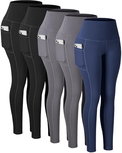 CHRLEISURE Leggings with Pockets for Women, High Waisted Tummy Control Workout Yoga Pants(2Black2GreyNavy, M)