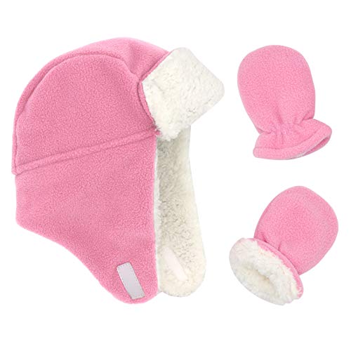 Baby Girl Winter Hat Toddler Hat and Gloves Set Baby Hats and Mittens Sherpa Lined Toddler Hats for Boys Pink 12-24 Months