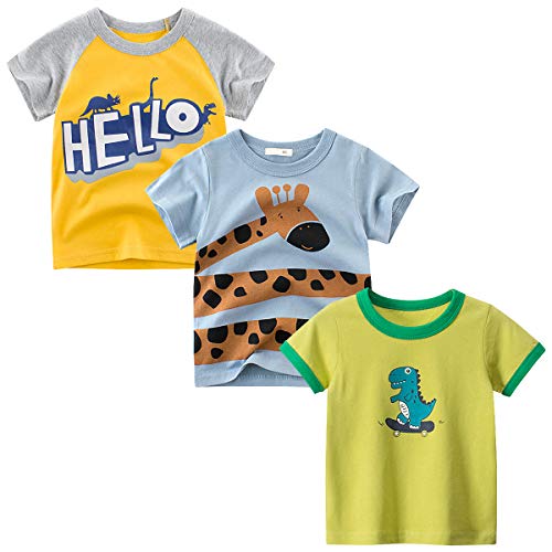 DEEKEY Toddler Little Boys Shirts 3-Pack Short-Sleeve Graphic T-Shirts Top Tees for Kids 2-7T (Dinosaur Giraffe, 3T)