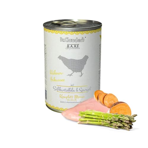 DR.CLAUDER’S- B.A.R.F. Komplett Menue Hühnerfrikassee | Fleischeintopf mit 100% Muskelfleisch, Innereien und Gemüse für ausgewachsene Hunde. Alleinfutter in der Dose | 400g Huhn