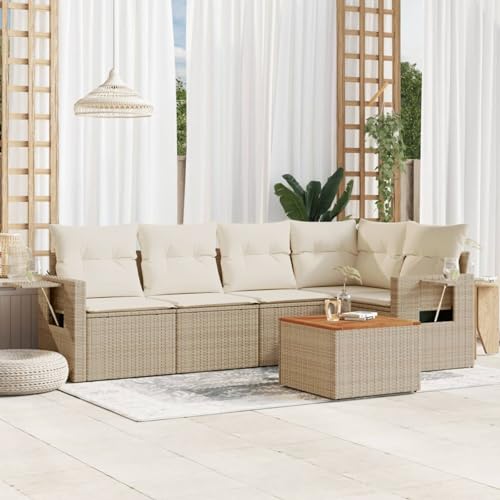 Homgoday Juego de sofás jardín con Cojines 6 pzas ratán sintético Beige Sofá de jardín Mesa + Esquina + 2X centrales Muebles de jardín Exterior Rattan Garden Furniture Set de Jardin Beige