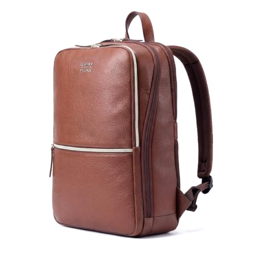 LEATHER VILLAGE Mochila de couro masculina | Bolsa de negócios profissional fina serve para mochila de trabalho e viagem de 39,6 cm com alça de carrinho, Conhaque, 16.1'' x 10.5'' x 5.5'', Mochilas