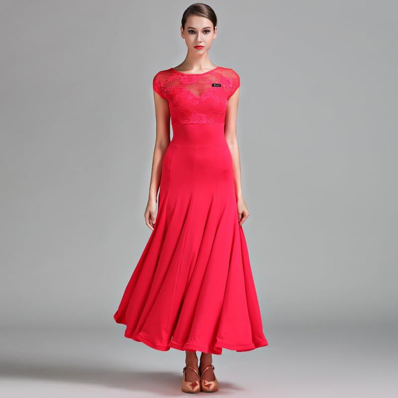 HEARTTOUCH Women's Ballroom Dance Dresses Lace Waltz Modern Cha Cha Dress Long Swing Tango Standard Competition Costume (Red,X-Large)