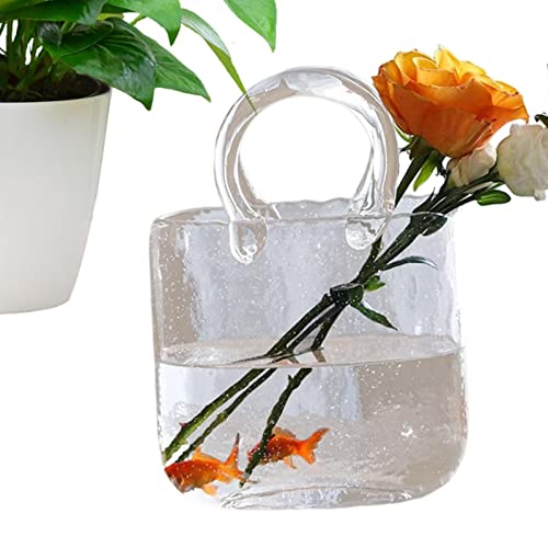 Florero de cristal para flores de 28 cm, jarrón transparente soplado a mano con asas, jarrón de cristal transparente con pecera, bolso de mano, jarrón de flores único decorativo para arreglos florales