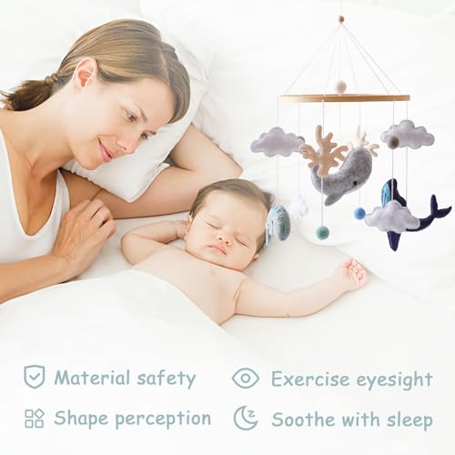 Ikubigu Montessori Baby Mobile For Crib Ocean Animals Crib Mobile Woodland Nursery Decor Soothe Toys For Ceiling Hanging Felt Ball Sea Blue Whale thumb #3