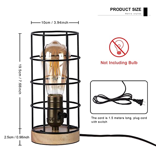 Sunllok Bedside Table Lamp With Wood Base, Metal Cage Shade Small Nightstand Lamp For Bedroom, Vintage Steampunk Industrial Reading Desk Light Decor For Living Room,Kids Room,Office #TOP2