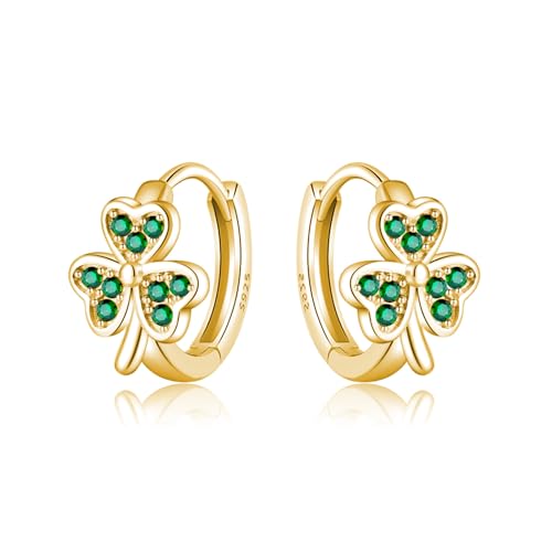 SLUYNZ 925 Sterling Silver Green Love Clover Hoop Earrings for Women Teens Irish Shamrock Huggie Earrings for Summer