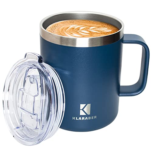 Klaraber Thermal Mug, Insulated Coffee Mug with Handle and Lid, Insulated Camping Mug, Double Walled Stainless Steel Beer Mug, Spill Proof, Reusable, 350ml / 12oz(Blue)
