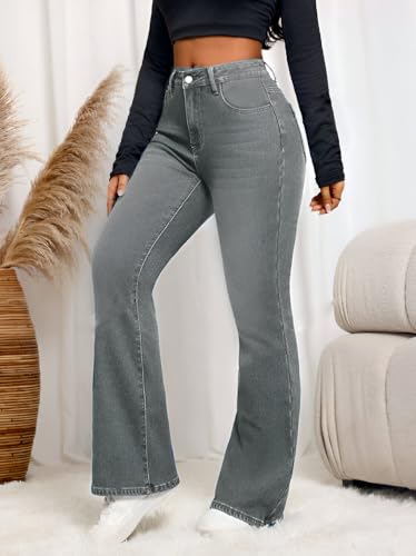 Image of Ben Martin Women's Grey High Waist Jeans || Flared Bell Bottom Bootcut Pants || Wide Leg Stretch Denim - Perfect for Travel, Party & Everyday Use - Sizes 26 (2)