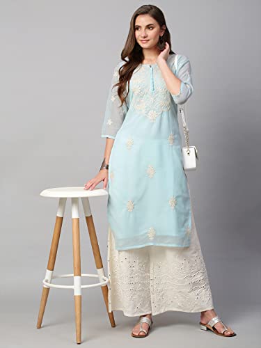 Image of RATAN Georgette Straight Lucknowi Chikankari Ethinic Wear Kurta for Women