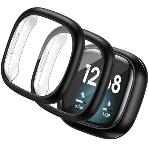 LIANCGJUE 2 Pack TPU Case for Fitbit Versa 3 Screen Protector Soft TPU Plated Bumper Full Around Electroplate Protective Cover Compatible with Fitbit Sense/Versa 3 Smartwatch (Black/Black)