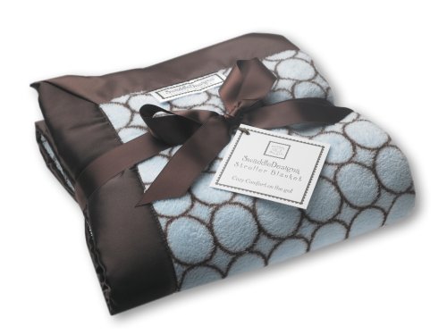 Image of SwaddleDesigns Stroller Blanket, Cozy Plush Baby /Toddler Blanket, 30x40 inches, Pastel Blue and Brown Mod Circles with Satin Trim