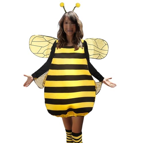 RUIWANBBY Women Halloween Bee Sets Long Sleeve Striped Patchwork Costume Knee-high Socks and Hair Hoop Party Cosplay Outfits (Yellow, XXL)