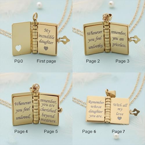 Image of Personalized Story Book Pendant Necklace, Stainless Steel Customizable Locket with Chain, Heart Charm Design, 18.5mm BookPendant, 45cm Chain Length, Gift for Women and Girls