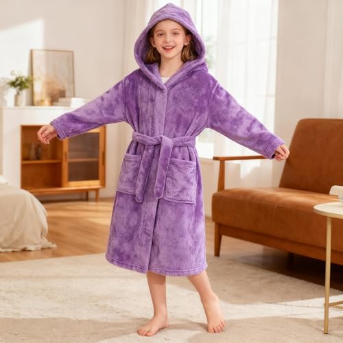 Image of Girls Fleece Hooded Robes Kids Warm Bath Robe for Girls Soft Fuzzy Bathrobe