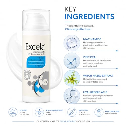 Image of Excela Moisturiser for Oily & Acne Prone Skin, Matte Feel, Non-Comedogenic, Fragrance Free, 50g