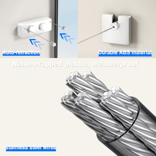 MUSTORN Wäscheleine Ausziehbar Draußen, Nicht Schlaff Doppelseil Einziehbar Wäscheleine Balkon Innenbereich Ausziehbare zum Trocknen von Wäsche Wand Zwei Linien Edelstahlseil- 4.2 m (Weiß)