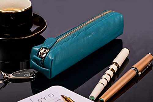 Image of DiLoro Leather Zippered Fountain Ballpoint Rollerball Pens and Pencils Case Holder Pouch Genuine Full Grain Soft Nappa Leather (Sololio Blue)
