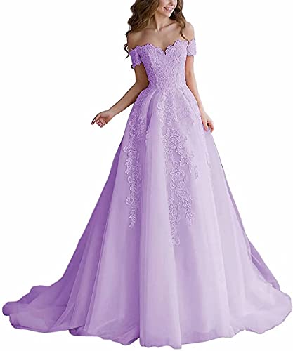 junytDing Women Off The Shoulder Lace Prom Dresses 2021 Long Sweet 16 Tulle Ball Gowns Quinceanera Dresses LD0111 Lilac 12