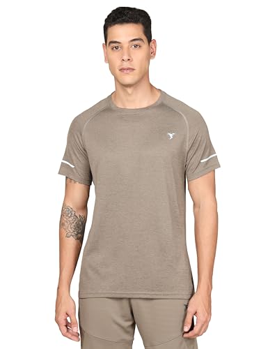 Image of TECHNOSPORT Men's Melange Slim Fit Round Neck T-Shirt Double Cool Raglan Sleeve Slip On Polyester for Gym Running Workout UPF50+ Anti Odour