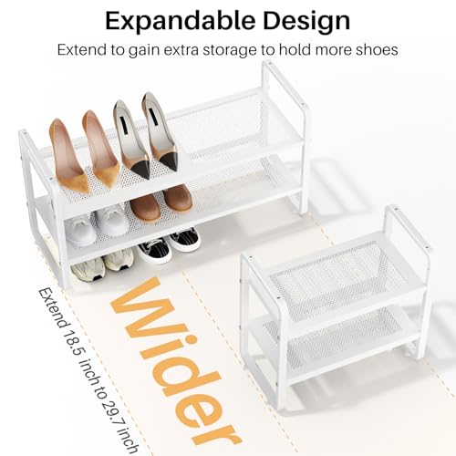 Image of SNTD Shoe Rack - Expandable Shoe Organizer for Closet, Adjustable Metal Shoe Shelf Storage, Stackable Long Shoe Stand Holder for Garage, Entryway, Door Entrance (White, 2-Tier)