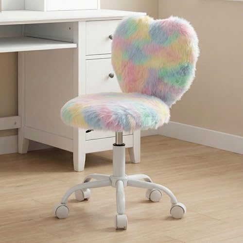Image of Kmax Kids Reading Chair, Rolling Cute Desk Chair for Girls Swivel Office Chair with Wheels & Heart Back Adjustable Childrens Vanity Chair for Bedroom Reading Room - Faux Fur, Various